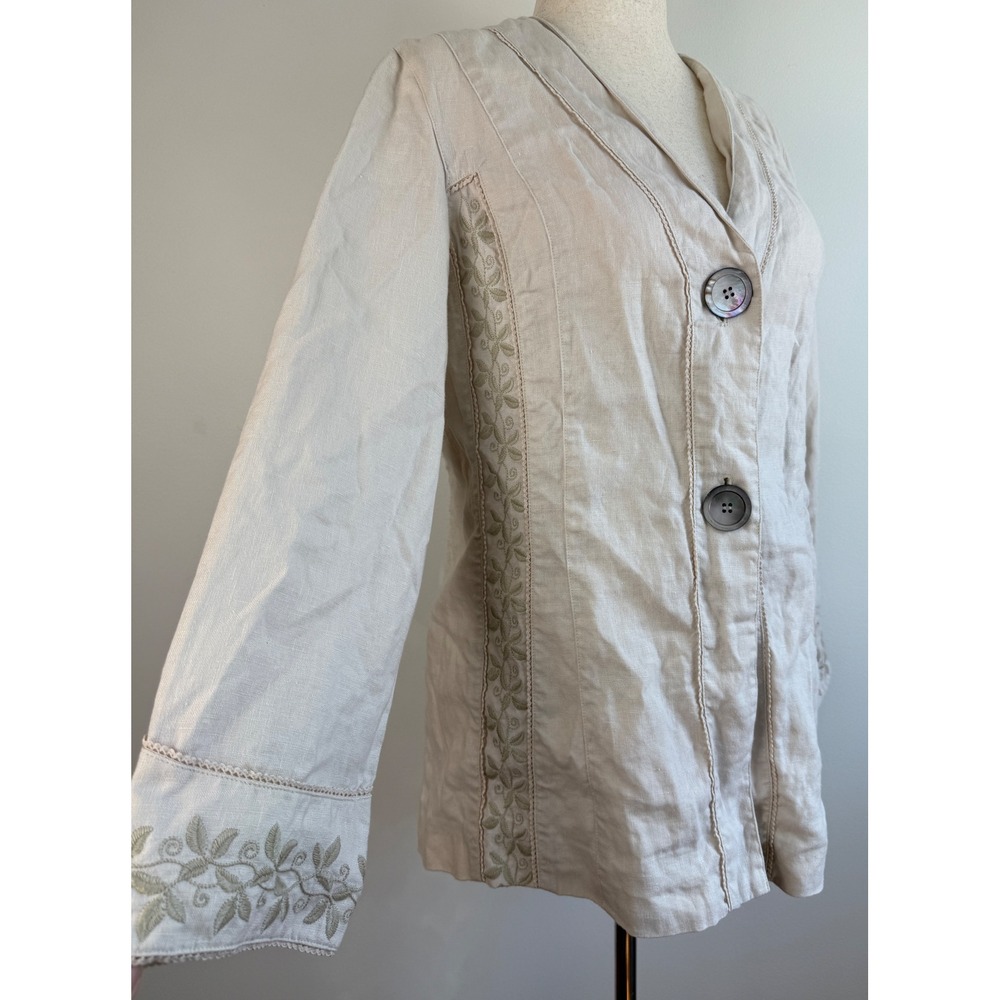 J. Jill Linen‎ Blazer Womens Medium Beige Embroidered Floral Button Up Jacket